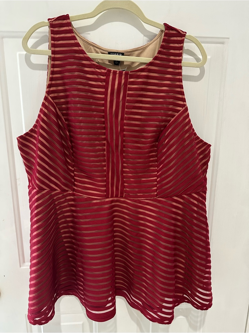 torrid Red Striped Mesh Peplum Tank with Nude Lining